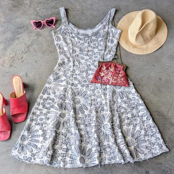 Alabama Chanin Gray White Floral Handstitched Mini Dress small - Picture 1 of 11